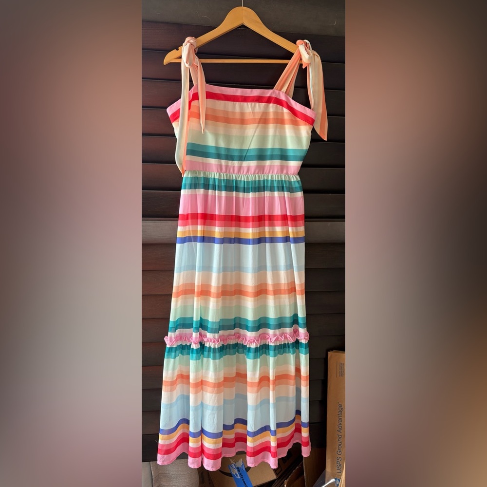 Calin Women's Large Dreess Sleeveless Tiered Colorful Stipes Flying Tomato